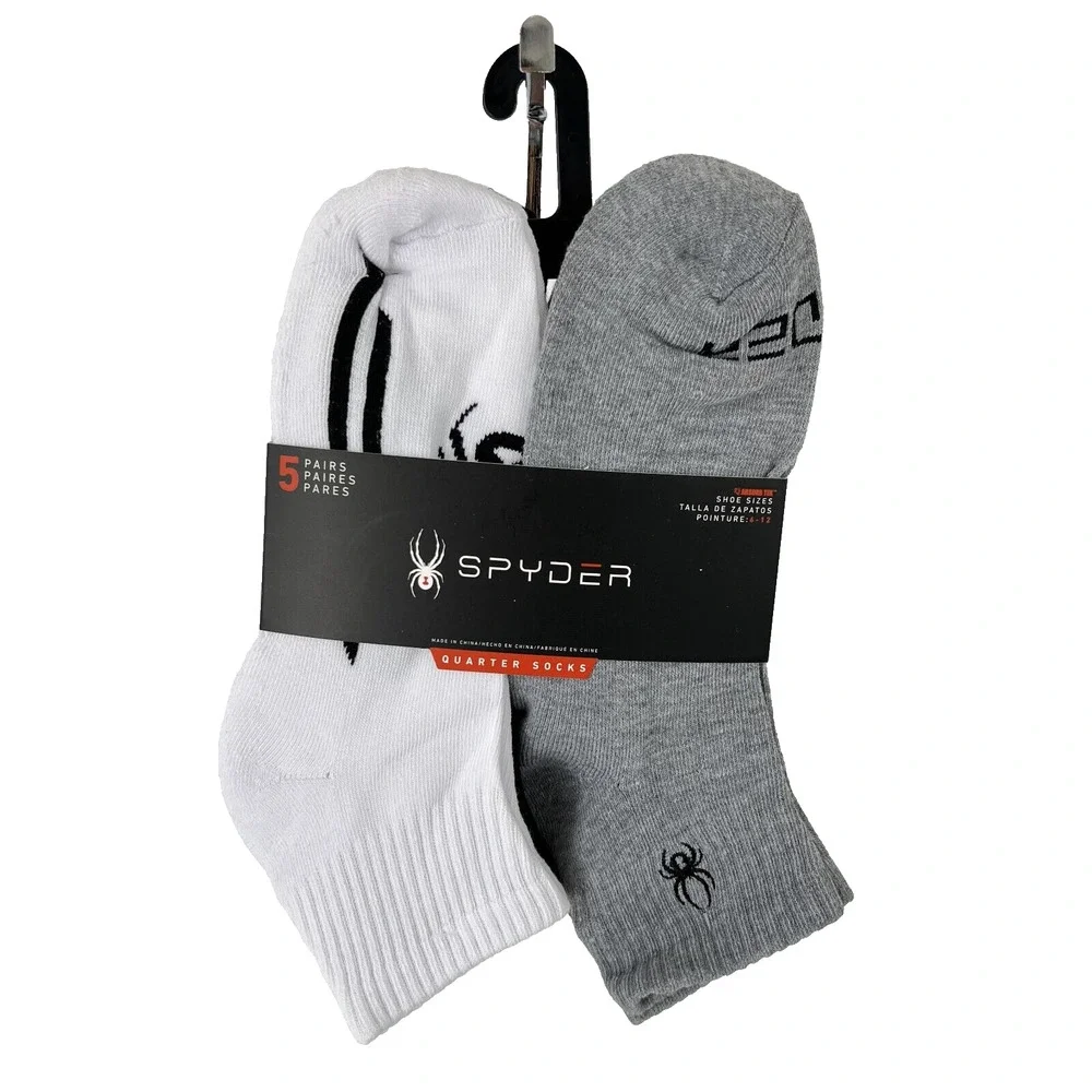 NEW Spyder Men Stripe Quarter Socks 5 Pairs White Black Gray Shoe Size 6 -12